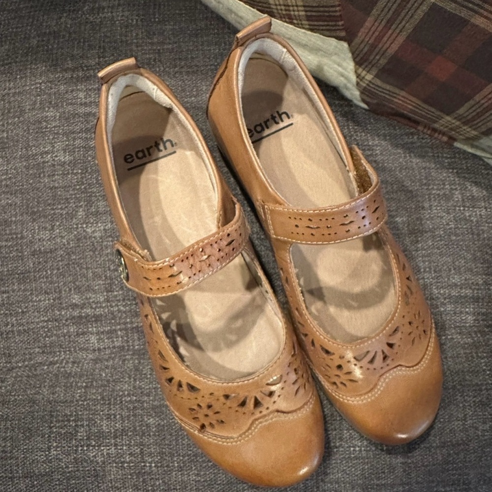 Earth Tan Leather Mary Jane Flats with Perforated Detail